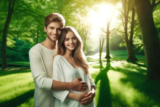 A couple dealing with how to get pregnant, embracing in a calm, natural setting, symbolizing hope and patience in their journey to conceive.