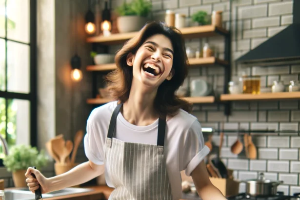A home chef preparing food in a modern kitchen, surrounded by fresh ingredients and cooking utensils, with a warm and inviting atmosphere.