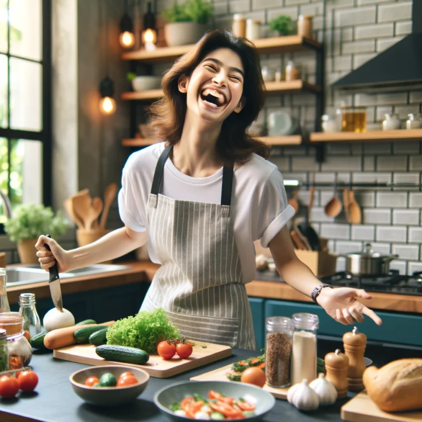 A home chef preparing food in a modern kitchen, surrounded by fresh ingredients and cooking utensils, with a warm and inviting atmosphere.