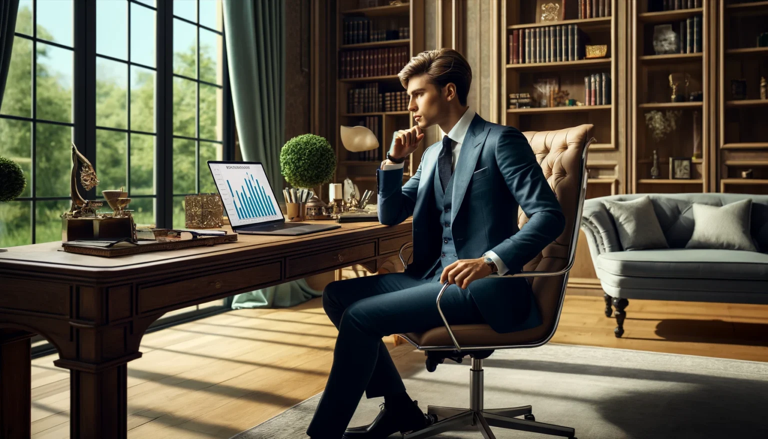A young Caucasian male entrepreneur in a tailored blue suit sits thoughtfully at his desk in a luxurious home office. The desk holds a laptop showing financial growth charts, with a view of a lush garden outside symbolizing success. This scene captures "The Secrets of The Millionaire Mindset" perfectly.