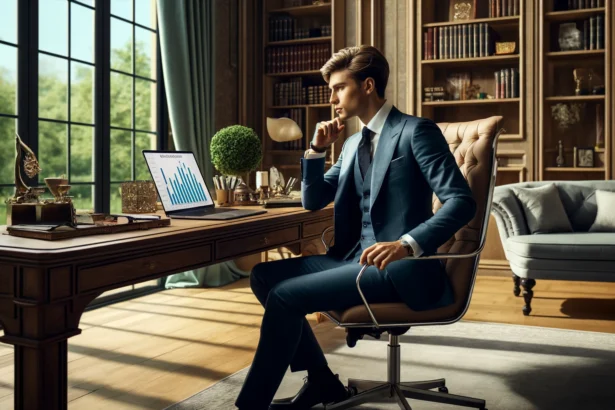 A young Caucasian male entrepreneur in a tailored blue suit sits thoughtfully at his desk in a luxurious home office. The desk holds a laptop showing financial growth charts, with a view of a lush garden outside symbolizing success. This scene captures "The Secrets of The Millionaire Mindset" perfectly.