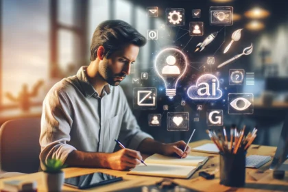 Man sitting at a work desk, focused on his computer screen, surrounded by floating icons representing AI tools like ChatGPT, DALL-E 2, and GitHub Copilot in a modern office.