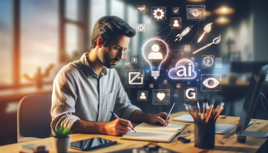 Man sitting at a work desk, focused on his computer screen, surrounded by floating icons representing AI tools like ChatGPT, DALL-E 2, and GitHub Copilot in a modern office.