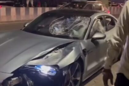 Image of the Porsche Taycan involved in a tragic accident in Pune, resulting in the death of two IT professionals.