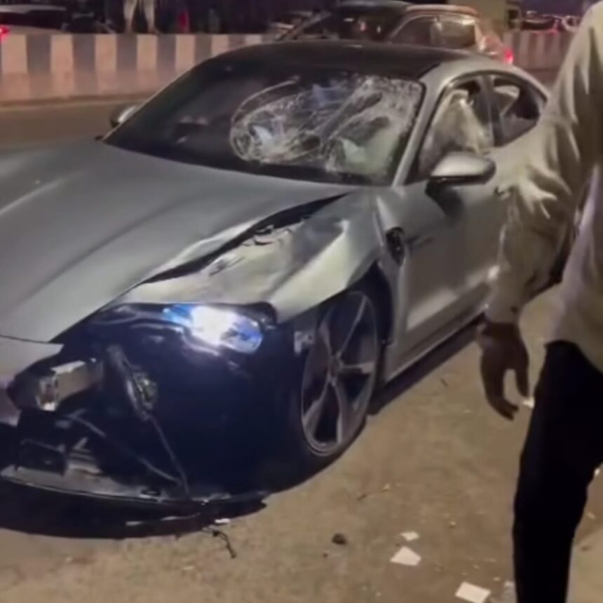 Image of the Porsche Taycan involved in a tragic accident in Pune, resulting in the death of two IT professionals.