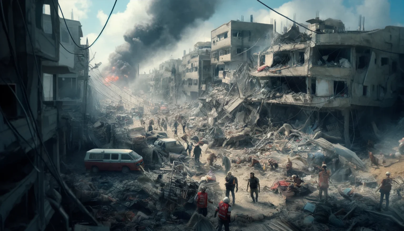 Rafah Aftermath after an Israeli airstrike on a refugee camp, Gaza, showing destroyed buildings, rubble, people searching through debris, and emergency responders assisting the wounded amidst rising smoke.