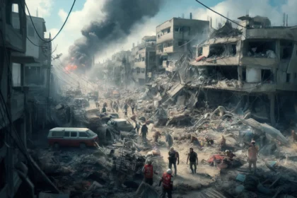 Rafah Aftermath after an Israeli airstrike on a refugee camp, Gaza, showing destroyed buildings, rubble, people searching through debris, and emergency responders assisting the wounded amidst rising smoke.