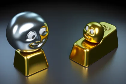 An anthropomorphized silver bullion smiling at a smaller gold bullion on a dark surface, symbolizing silver as a favorable investment option.