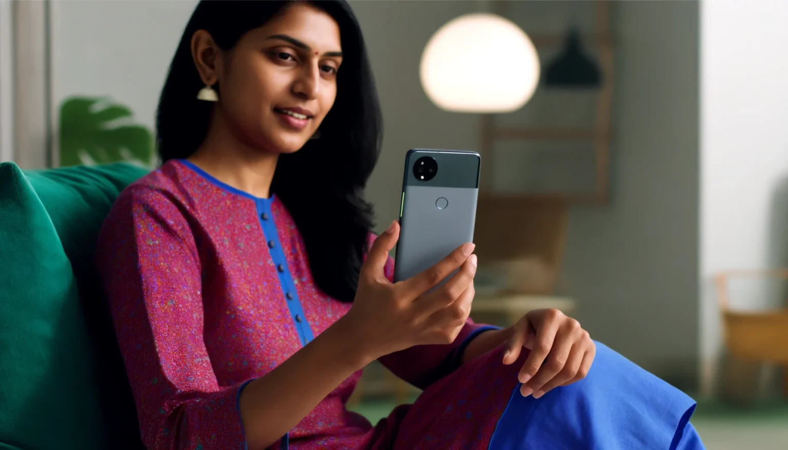 An Indian woman seated, holding a Google Pixel 8a in a brightly lit room
