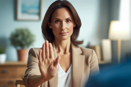 A confident individual gently declining an offer in a calm and composed manner, demonstrating the ability to set boundaries without guilt. An expert in saying How to say no.