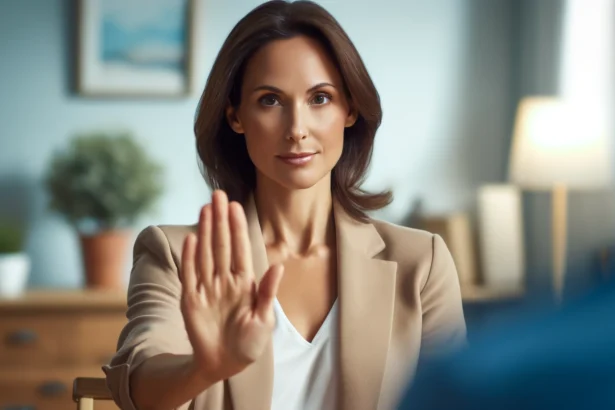 A confident individual gently declining an offer in a calm and composed manner, demonstrating the ability to set boundaries without guilt. An expert in saying How to say no.