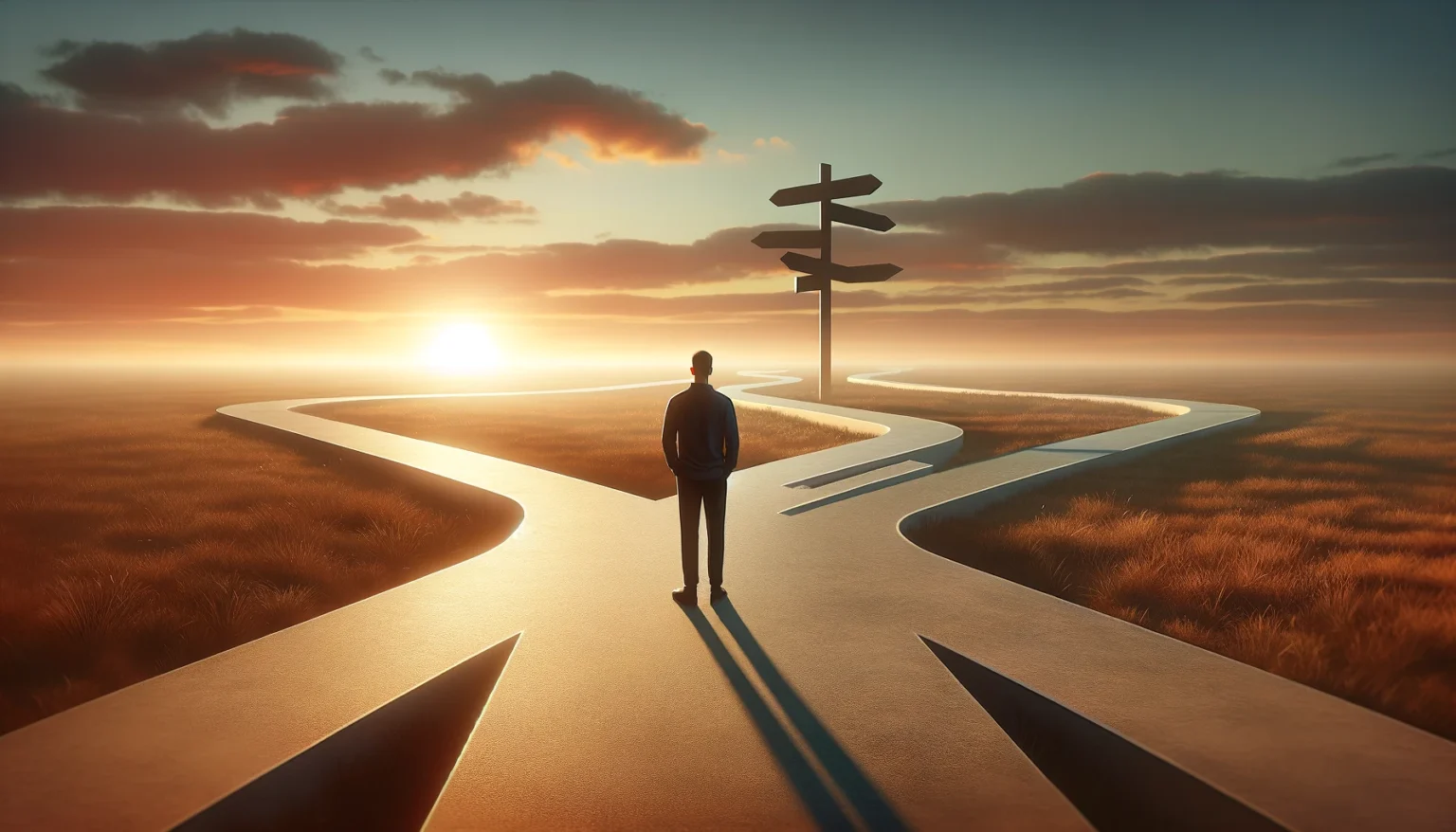 A person standing at a crossroads with multiple paths, symbolizing the challenge of overthinking and the need to make confident decisions.