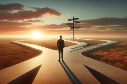 A person standing at a crossroads with multiple paths, symbolizing the challenge of overthinking and the need to make confident decisions.