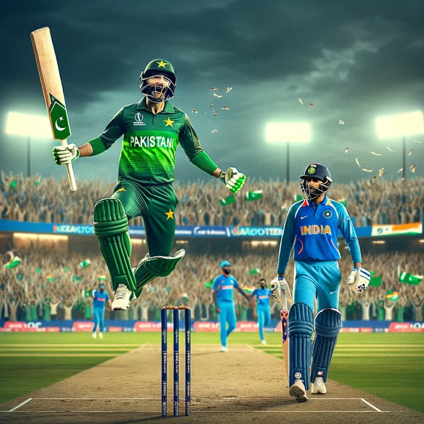 India vs Pakistan cricket match with a Pakistani cricketer jumping in celebration while an Indian cricketer walks away in the background at a stadium filled with cheering fans.