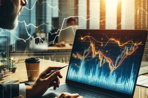 An investor analyzing stock market charts on a computer screen, showing indicators such as moving averages, RSI, and trend lines, focusing on safely exit nonperforming stocks.