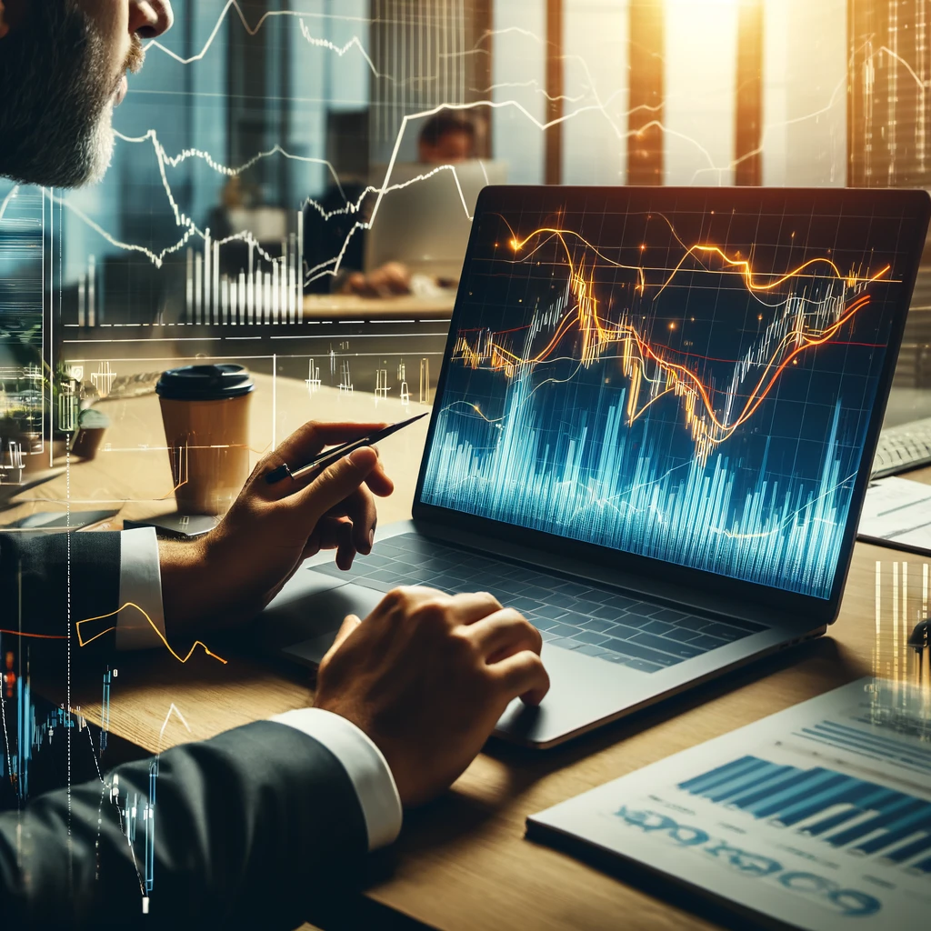 An investor analyzing stock market charts on a computer screen, showing indicators such as moving averages, RSI, and trend lines, focusing on safely exit nonperforming stocks.