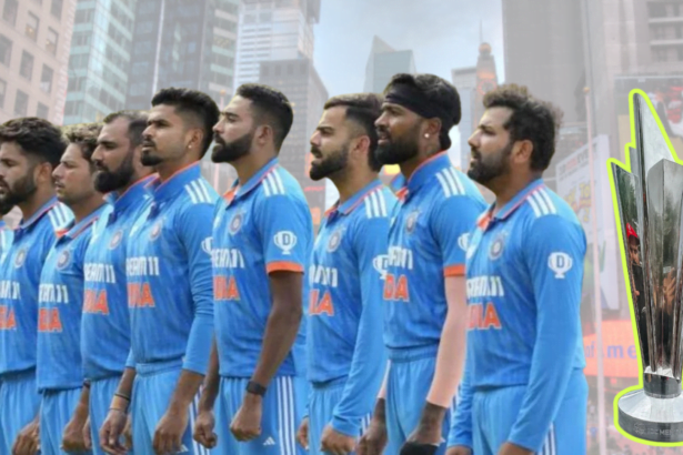 The ICC Men's T20 World Cup trophy displayed against the bustling backdrop of Times Square in New York City with Team India.