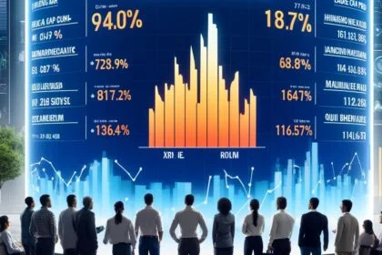 A group of diverse investors gathered around a large digital display showing the top performing mutual funds of 2024, including their respective five-year returns.