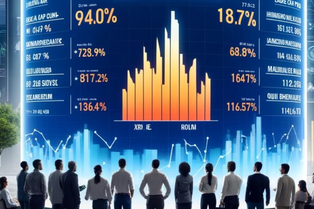 A group of diverse investors gathered around a large digital display showing the top performing mutual funds of 2024, including their respective five-year returns.