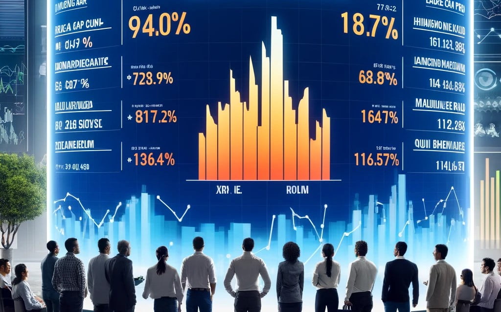 A group of diverse investors gathered around a large digital display showing the top performing mutual funds of 2024, including their respective five-year returns.