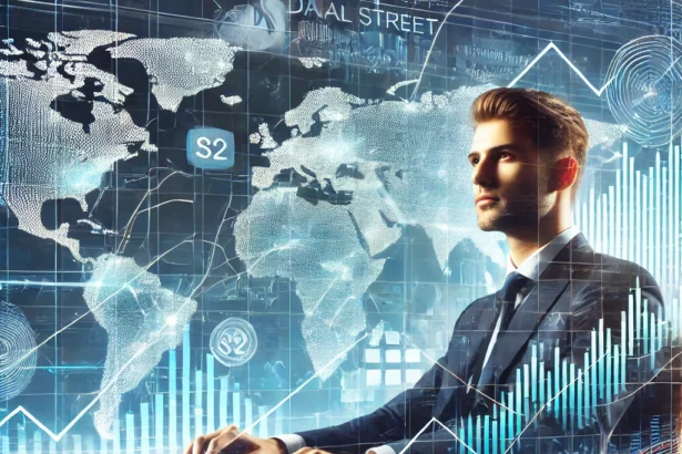 A confident person analyzing stock trading on multiple screens with financial graphs and stock symbols in the background, representing global financial markets.