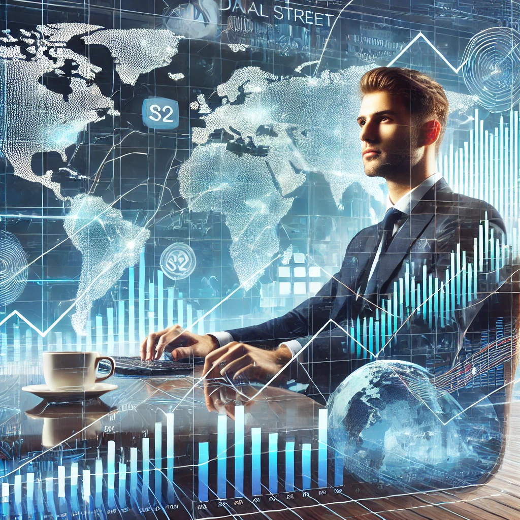 A confident person analyzing stock trading on multiple screens with financial graphs and stock symbols in the background, representing global financial markets.