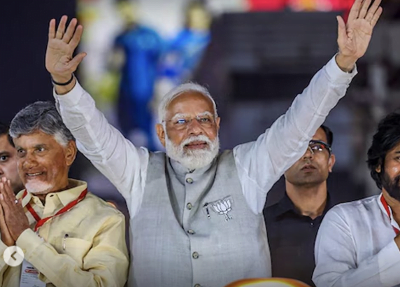 Narendra Modi waving to the public after winning the Lok Sabha elections, symbolizing the BJP's decisive victory and his influential leadership.