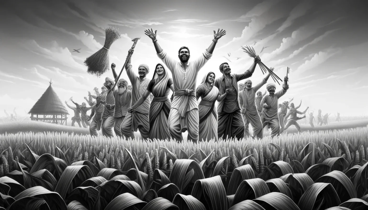 Black and white image of Indian farmers celebrating in a field the installment of PM-Kisan Nidhi Scheme
