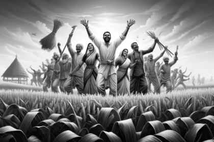 Black and white image of Indian farmers celebrating in a field the installment of PM-Kisan Nidhi Scheme