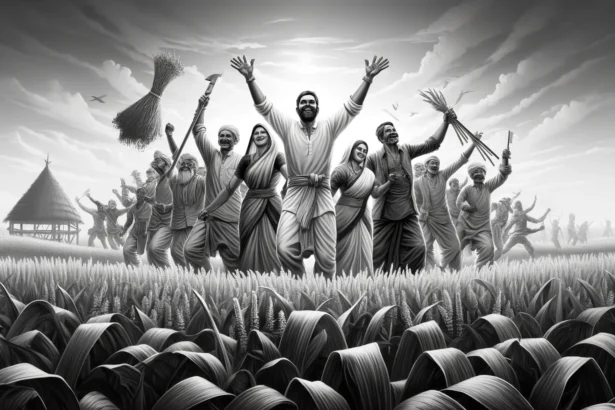 Black and white image of Indian farmers celebrating in a field the installment of PM-Kisan Nidhi Scheme