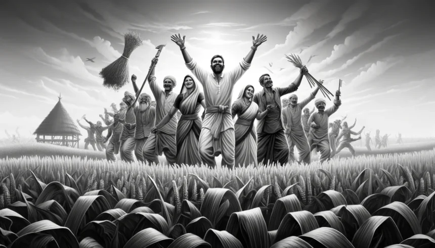 Black and white image of Indian farmers celebrating in a field the installment of PM-Kisan Nidhi Scheme