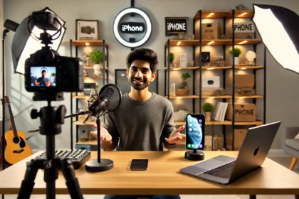Indian tech blogger explaining the benefits of an iPhone in a modern home studio setup.