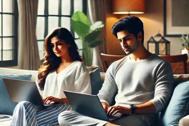 Indian couple MAKE MONEY online while working from home on laptops, comfortably seated on a sofa in a modern, cozy living room.