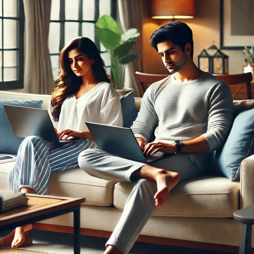 Indian couple MAKE MONEY online while working from home on laptops, comfortably seated on a sofa in a modern, cozy living room.