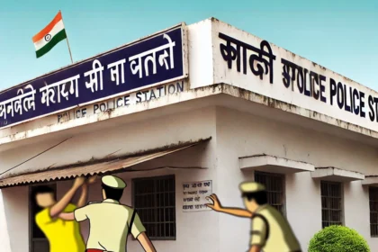 A distressing scene of Bhubaneswar custodial abuse outside an Indian police station, showing a woman being attacked by two police officers during daylight, without any station signage.