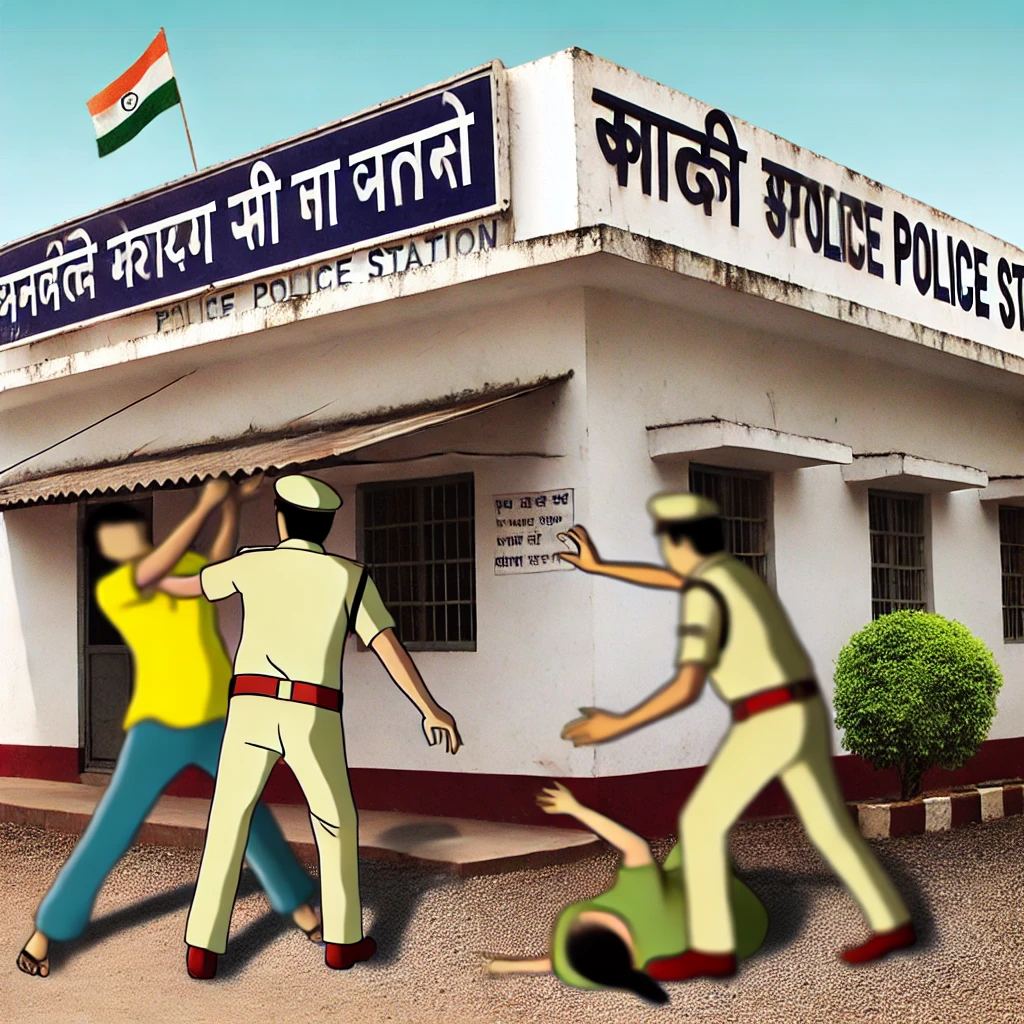 A distressing scene of Bhubaneswar custodial abuse outside an Indian police station, showing a woman being attacked by two police officers during daylight, without any station signage.