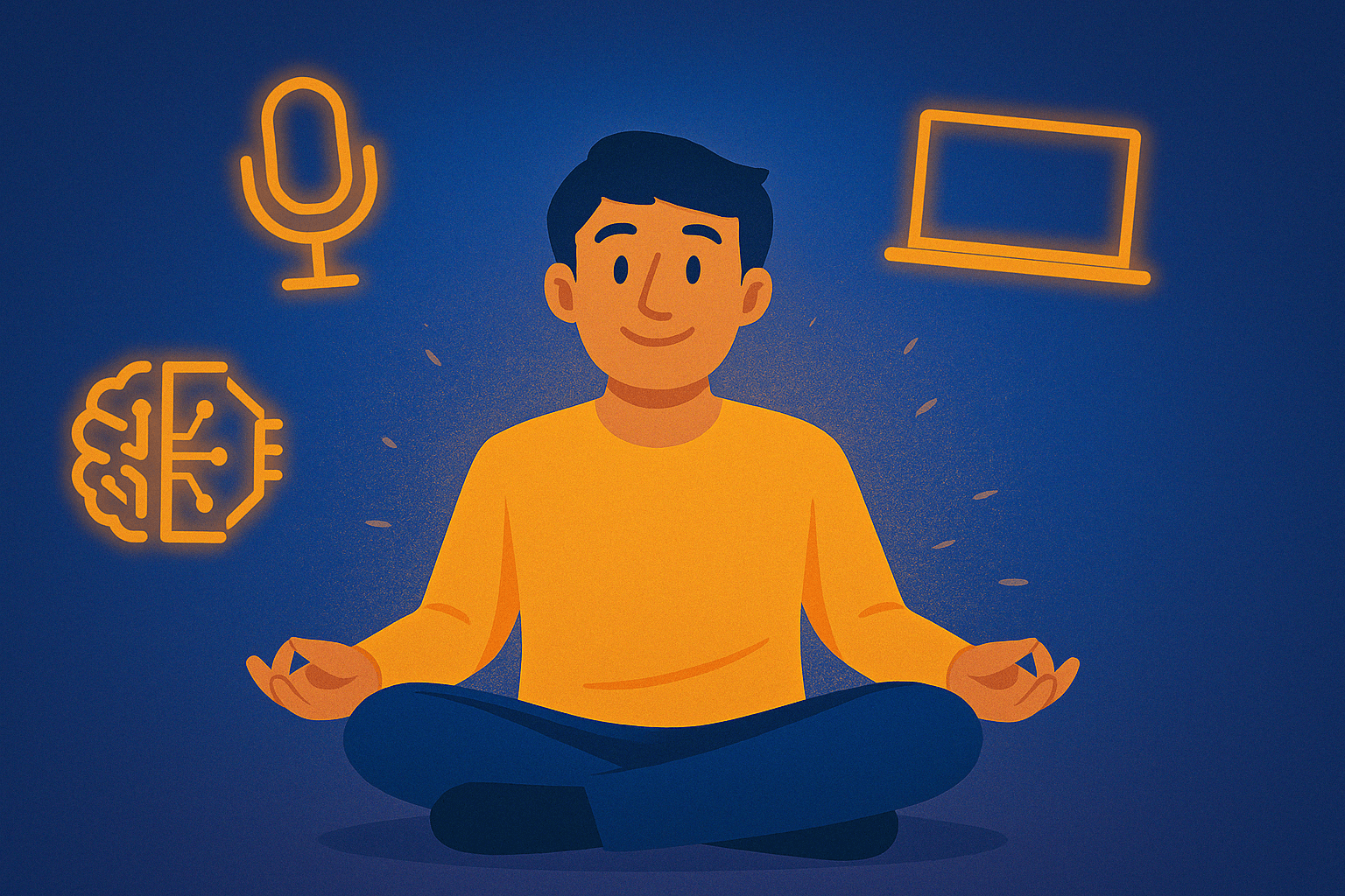 A solo creator meditates in a digital workspace, surrounded by glowing icons of AI tools like a mic, laptop, brain chip, and video screen — symbolizing the empowering role of AI tools for creators in 2025