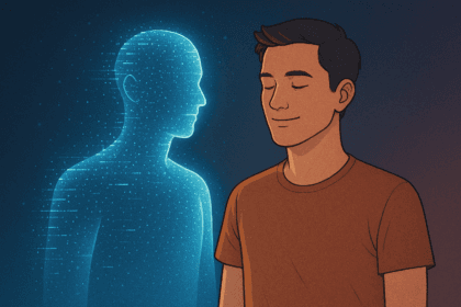 A digital twin avatar made of glowing data stands beside a human, reflecting emotional harmony, ethical awareness, and conscious living