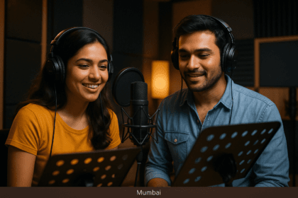 A man and woman recording their voices in a professional studio in Mumbai, surrounded by microphones and sound panels — capturing the growing demand for AI voice talent