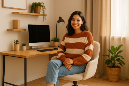 A young woman comfortably working in her self-styled home office with warm lighting, minimalist decor, and a creative atmosphere reflecting her personal brand.