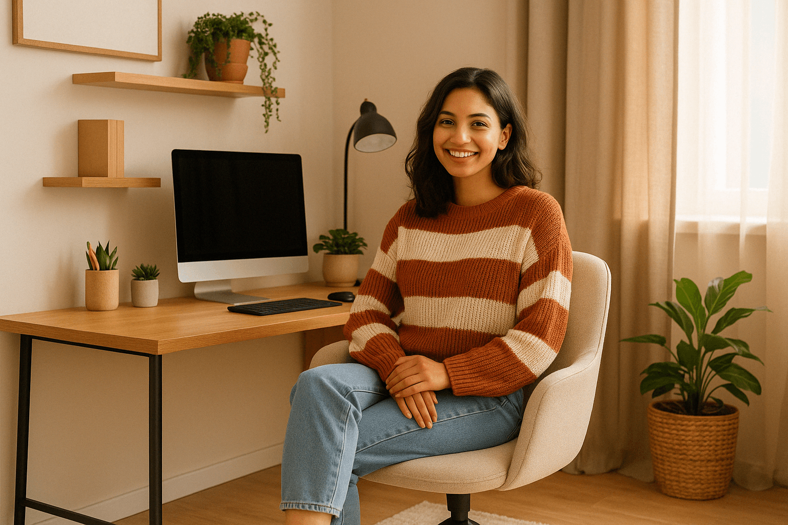 A young woman comfortably working in her self-styled home office with warm lighting, minimalist decor, and a creative atmosphere reflecting her personal brand.