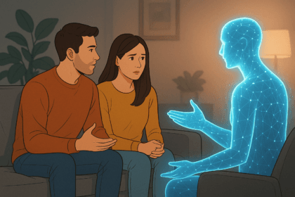 A glowing AI relationship coach sits across from a couple on a couch, offering guidance as they work through emotional conflict — symbolizing the supportive role of AI in modern love.