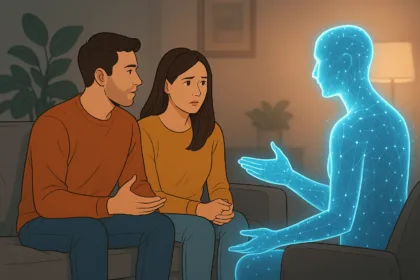 A glowing AI relationship coach sits across from a couple on a couch, offering guidance as they work through emotional conflict — symbolizing the supportive role of AI in modern love.