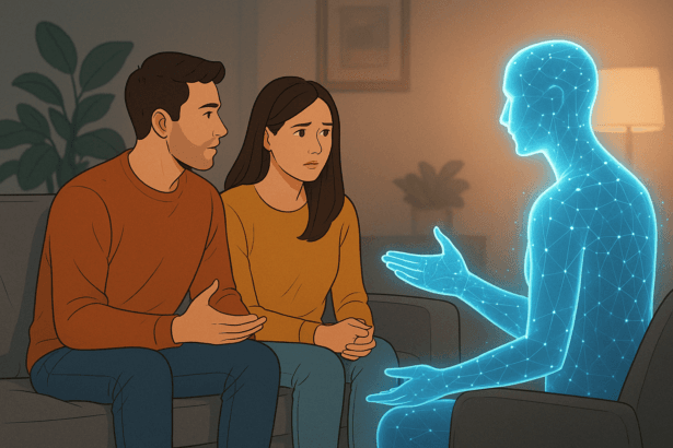A glowing AI relationship coach sits across from a couple on a couch, offering guidance as they work through emotional conflict — symbolizing the supportive role of AI in modern love.