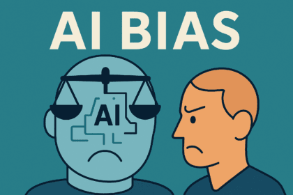 Flat-style illustration of AI bias featuring a robot, human face, and justice scale, representing the ethical challenges and discrimination issues in artificial intelligence