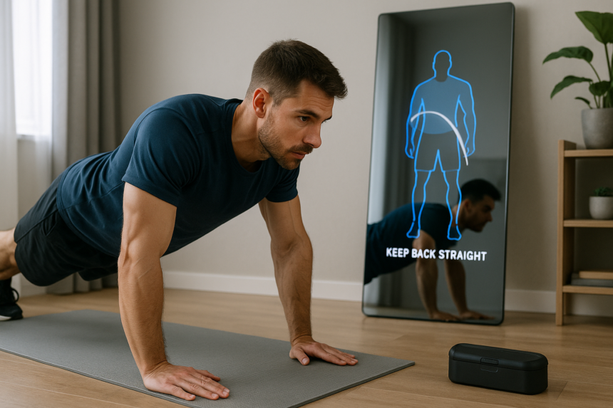 A fit man performs push-ups in a home gym in front of a smart mirror that displays real-time form correction, representing the integration of AI personal trainers