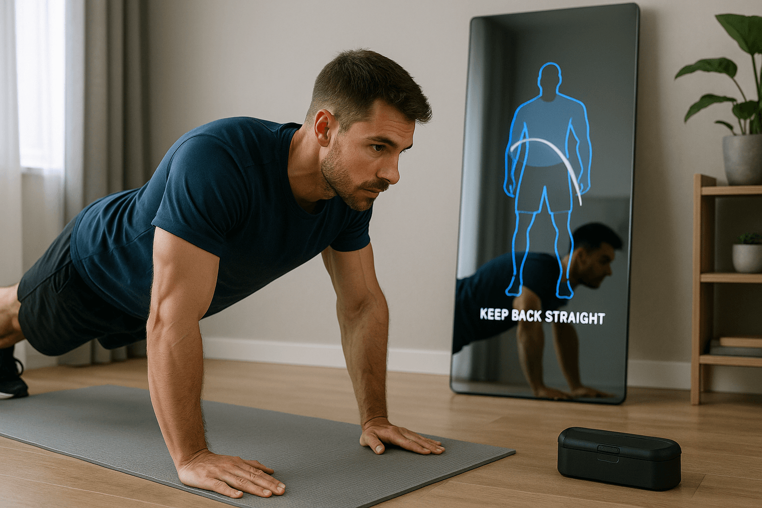 A fit man performs push-ups in a home gym in front of a smart mirror that displays real-time form correction, representing the integration of AI personal trainers