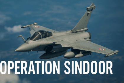 Indian Air Force Rafale fighter jet mid-flight with "Operation Sindoor" text overlay, symbolizing India’s aerial strike campaign during the India Pakistan War in May 2025.