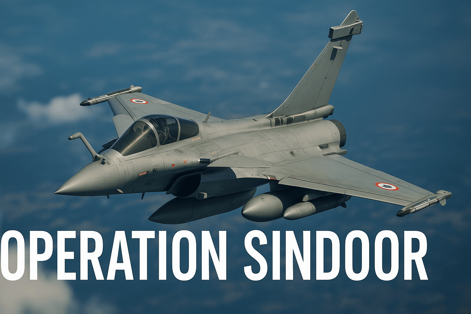 Indian Air Force Rafale fighter jet mid-flight with "Operation Sindoor" text overlay, symbolizing India’s aerial strike campaign during the India Pakistan War in May 2025.