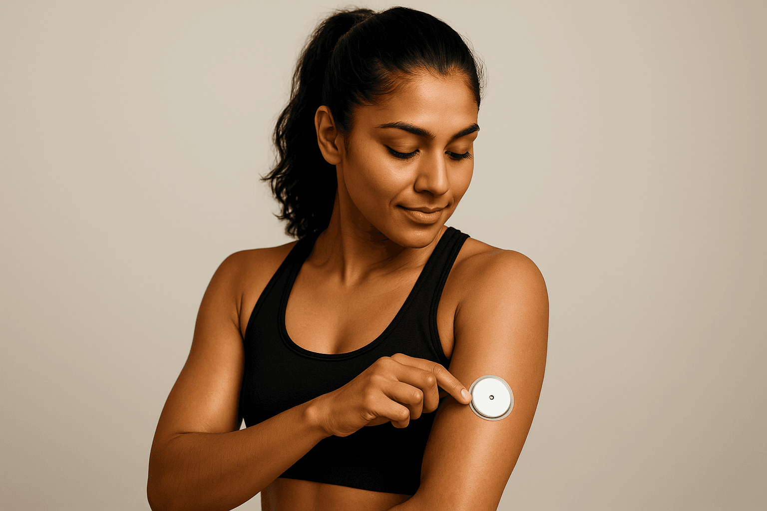 A young woman checks a CGM sensor on her arm, representing the growing role of glucose tracking in achieving metabolic flexibility and personalized wellness.